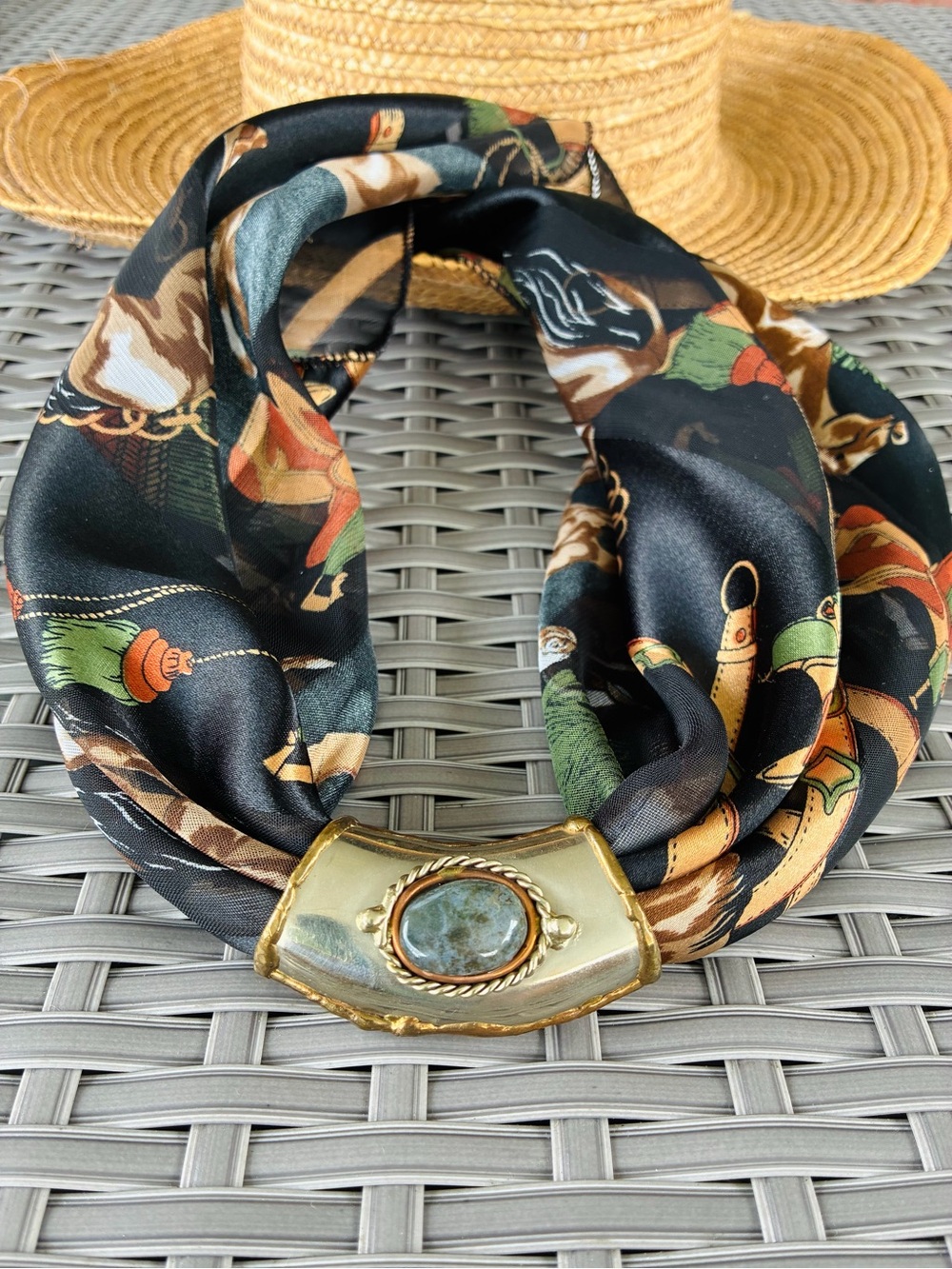 Western Scarf Black/Multicolored, Concho Style Gold Clasp/gray stone, Equestrian